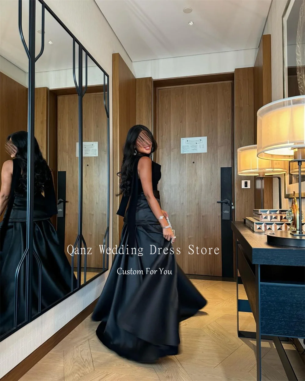 Qanz Elegant Black Evening Dresses Saudi Arabia Dubai Luxury Dresses Women Ruched Formal Occasion Dress Women Customized 2024