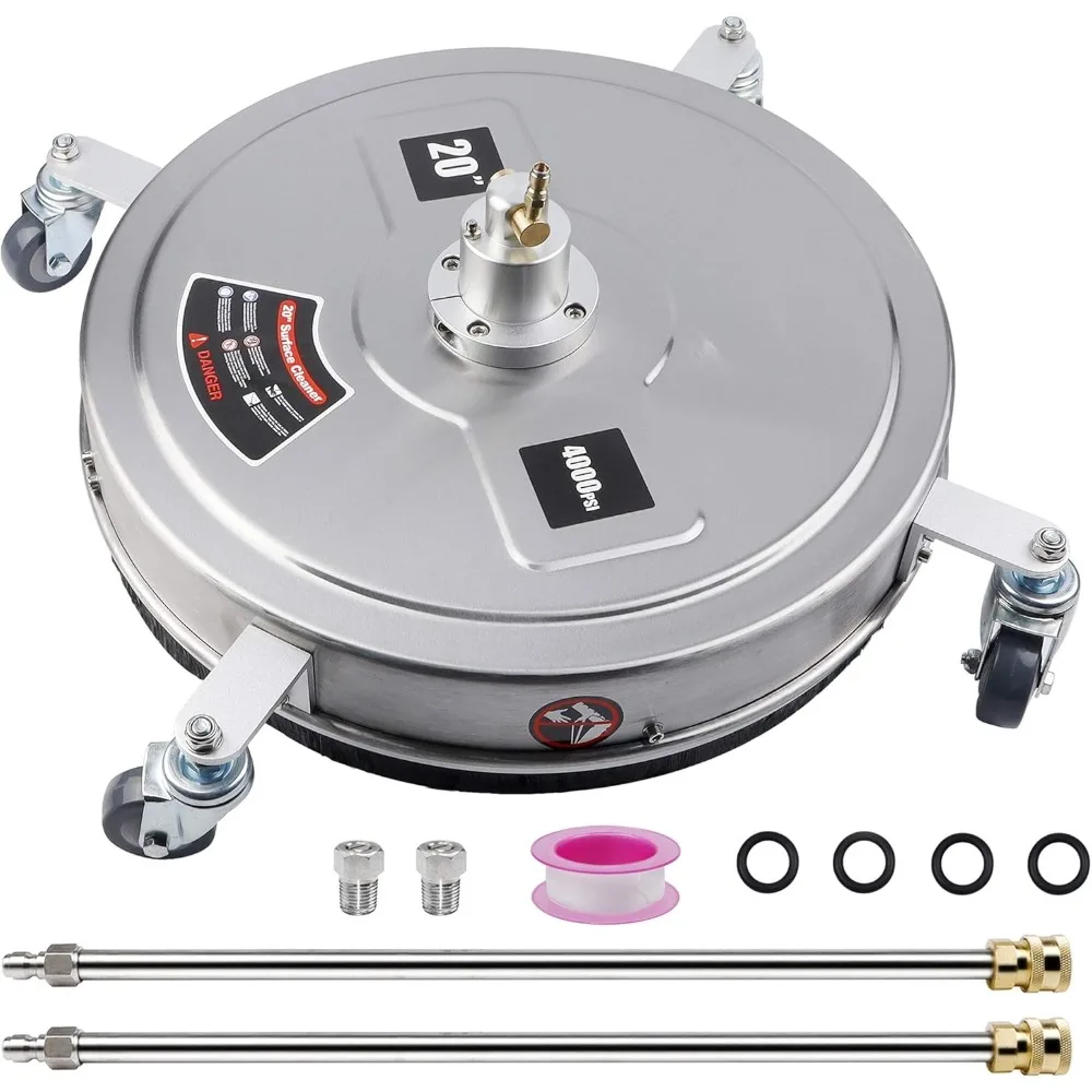 Limpiador de superficies para lavadora a presión de 20 PSI con cuatro ruedas, cuerpo de acero inoxidable y accesorio de conexión rápida de 1/4 de pulgada