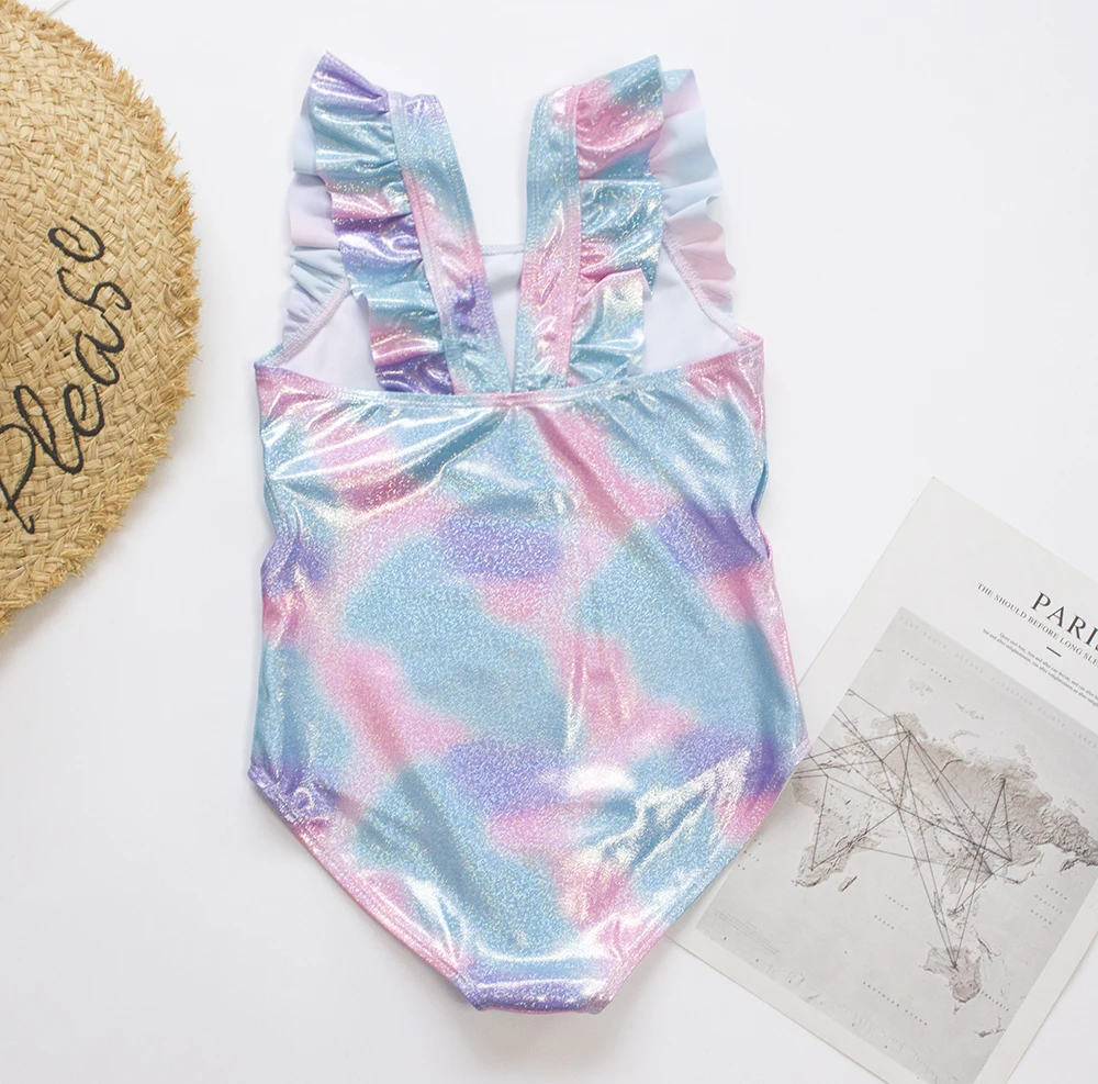 Ruffle Tie-dyed Child Girls Kids Swimwear Swimsuit 2025 Shell Embroidery Hollow Children One Piece Swimsuits Girls Monokini