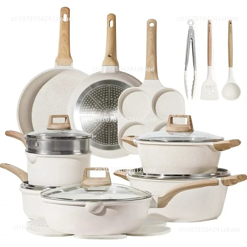 Pans Set Nonstick Cookware Sets White Granite Induction Cookware Non Stick Cooking Set W/Frying Pans & Saucepan