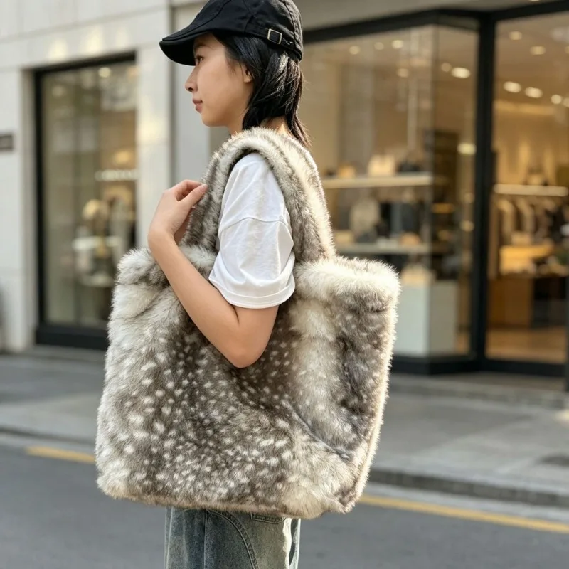 Sweet Mori Girl Deer Spots Faux Fur Tote Bag for Women, Cute Fawn Print Plush Handbag, Korean Y2K Winter Fluffy Shoulder Bag