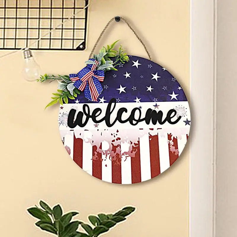 Segno della porta del 4 luglio American Love Red Blue Wood Door Hanger Independence Day Door Sign con Cute Bow Outdoor Outdoor portico