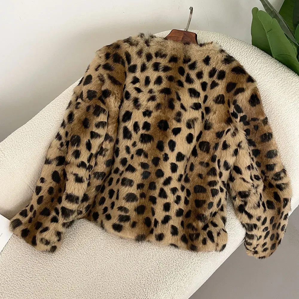 2024 Autumn and Winter Fashion Leopard Print V-Neck Lazy Rabbit Fur Coat Women's Thickened Warm Genuine Fur Coat Free Shipping