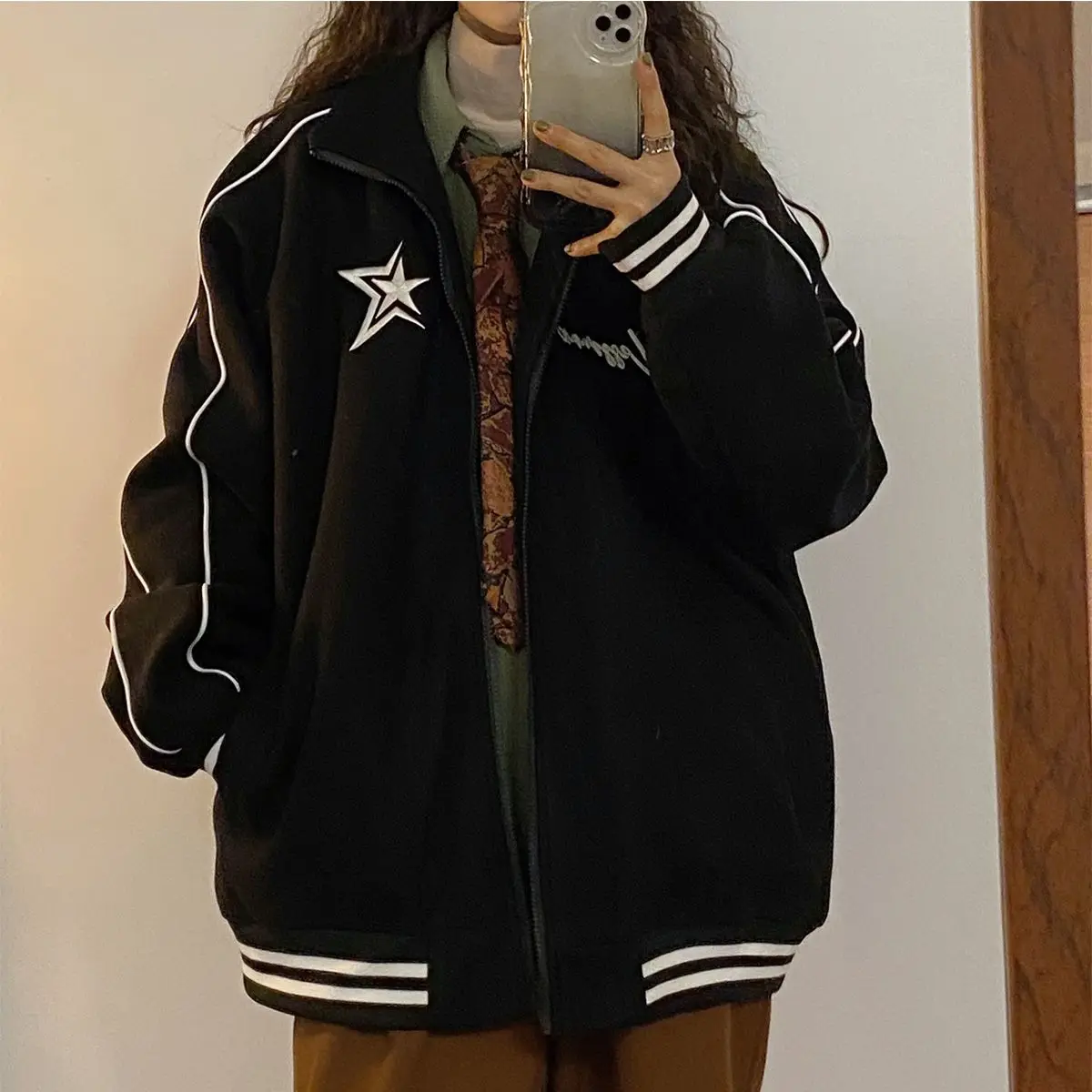 Autumn and winter new Korean star stand collar jacket y2k vintage loose embroidery plush thickened sportswear clothes women