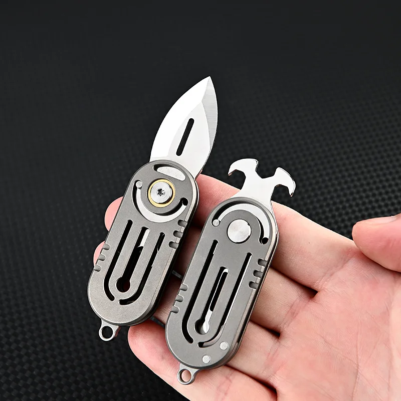 360° Rotating MINI Knife Titanium Alloy Handle D2 Blade Multifunctional Bottle Opener Screwdriver Outdoor EDC Self-defens Tool