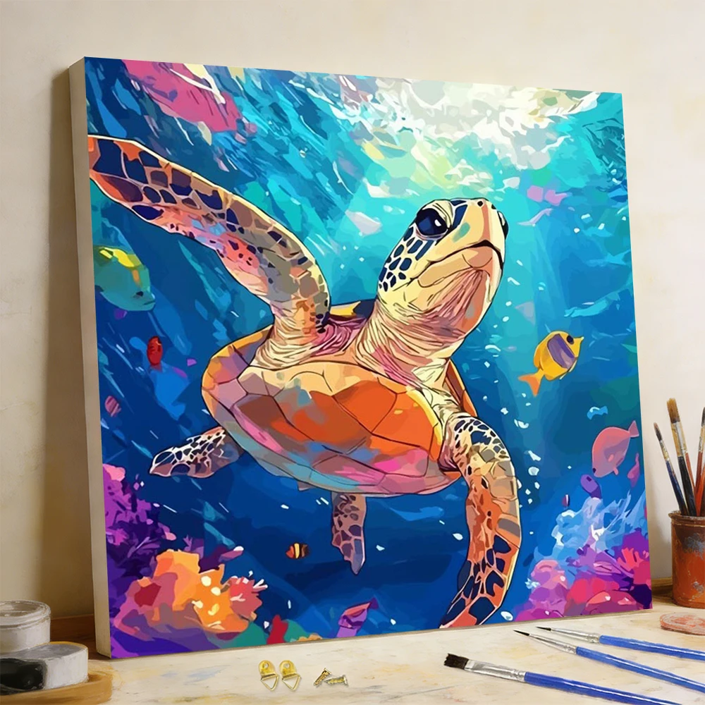 Huacan Digitales Ölgemälde Schildkröte Malen nach Zahlen DIY Hobby Ölgemälde nach Zahlen Tier Wanddekoration Wohnzimmer