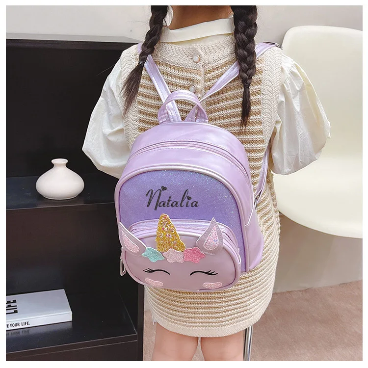 Personalized Embroidered Unicorn Backpack Custom Name Toddler School Bag Cute Cartoon Children Girl Backpack PU Outdoor Backpack