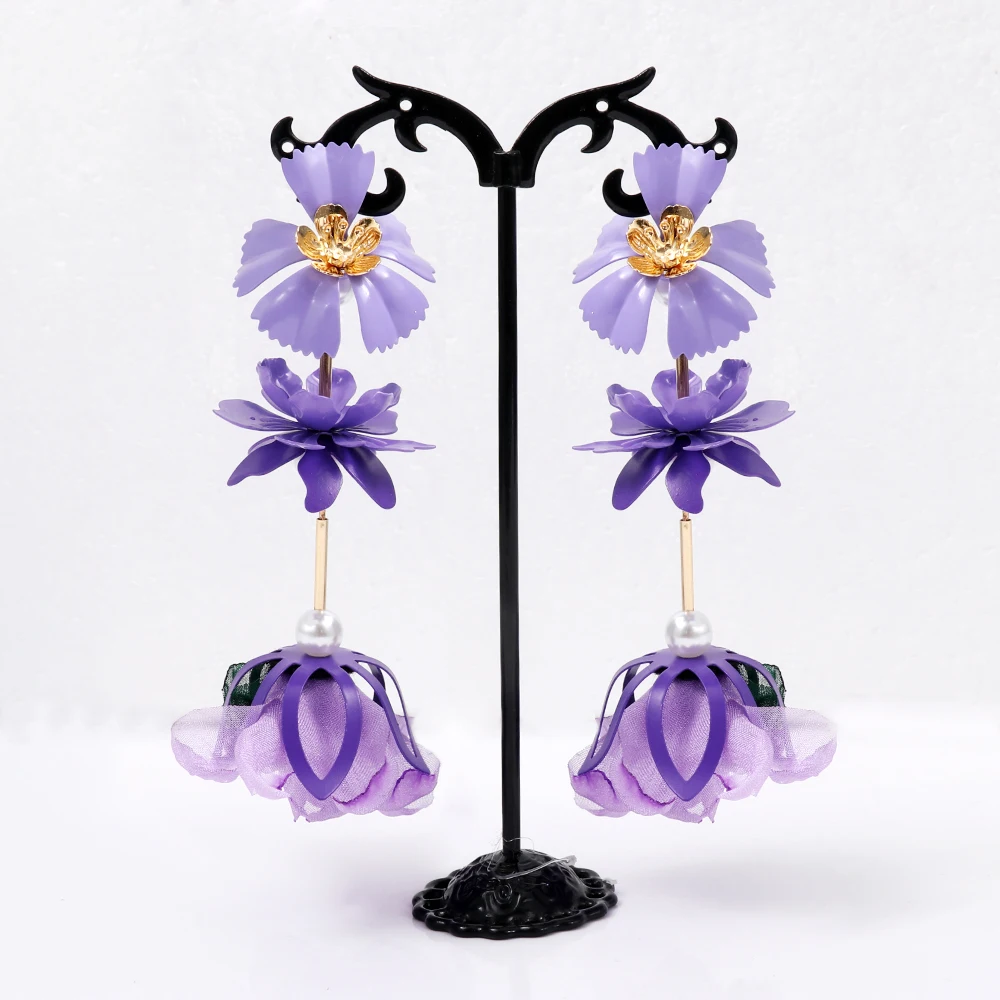 New Purple Metal Flowers Tassel Drop Earrings Trendy Charm Green Metal Earrings For Women Jewelry Accessories Gift