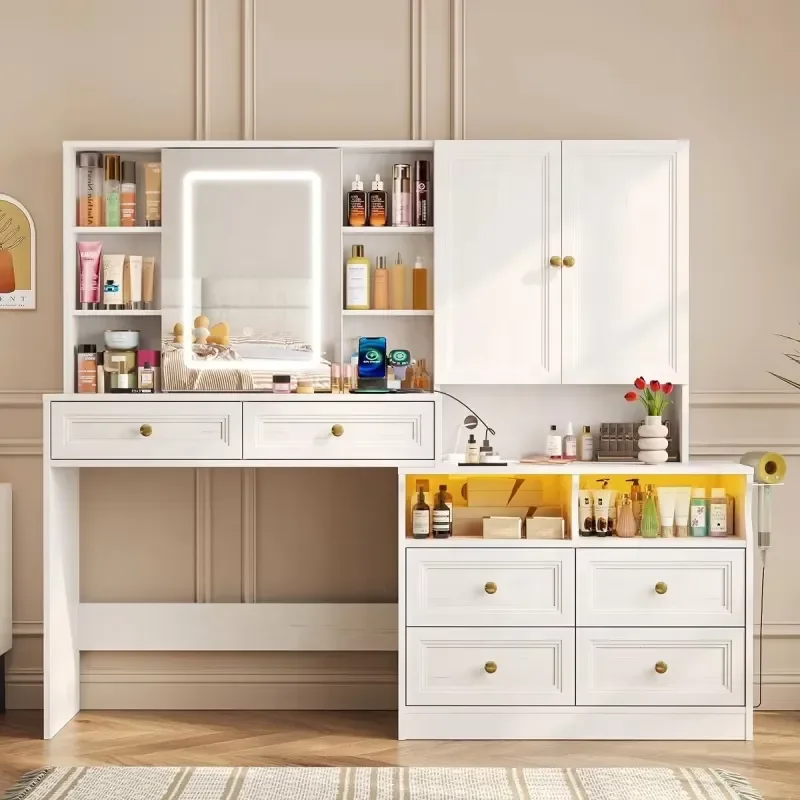 Large Capacity Modern Solid Wood Dressing Table LED Mirror Shaker Style Vanity Desk Soft-Close Drawers Multifunctional Makeup