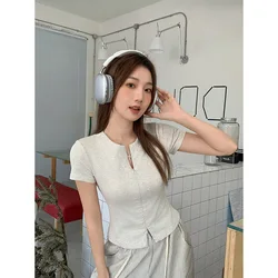 zipper round neck straight shoulder slim short-sleeved cardigan T-shirt for women spring  summer new sweet hot girl top jacket