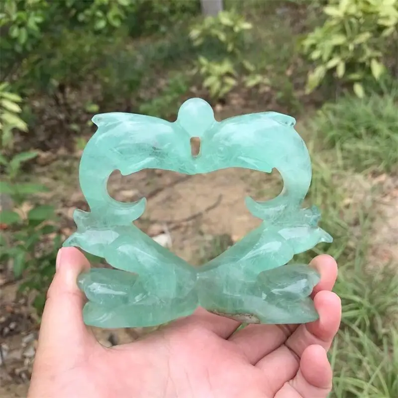 Natural Fluorite Double Dolphin Figurine, Goddess Carving, Healing Crystal, Reiki Carved Stones, Gift, Room Decoration, 1Pc