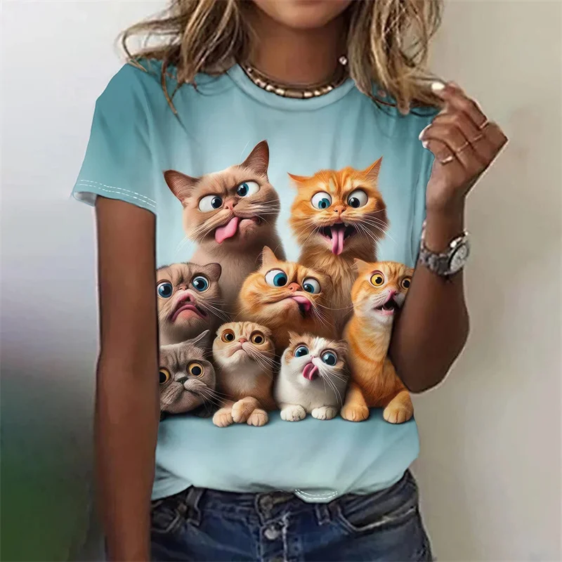 Lustiges Katzenmuster-T-Shirt für Frauen, niedliches Tier, 3D-gedruckte T-Shirts, Sommermode, übergroße T-Shirts, kurze Ärmel, Rundhals-Tops