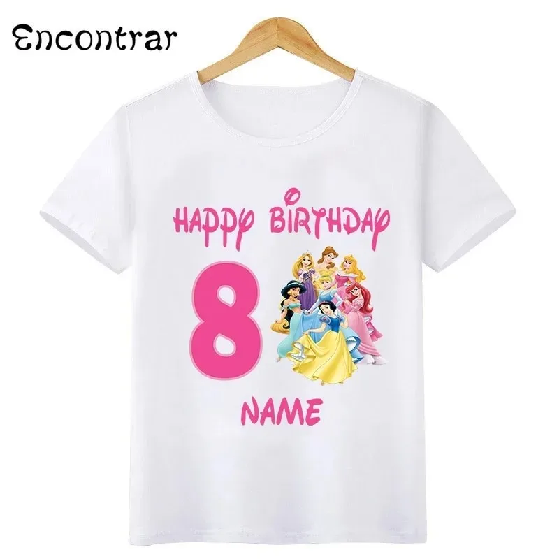 Disney Princess Belle Aurora Mermaid Print Happy Birthday Kids T Shirt Girls Clothes 1 2 3 4 5 6 7 8 9 Years Baby Boys T-Shirts