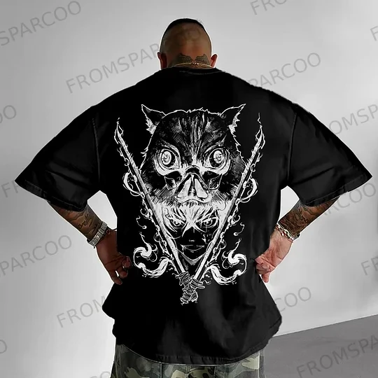 Sparcoo メンズ グラフィック T シャツ 激しい猫 アニメ スタイル パターン クロスナイフ付き 2025 夏 半袖 コットン