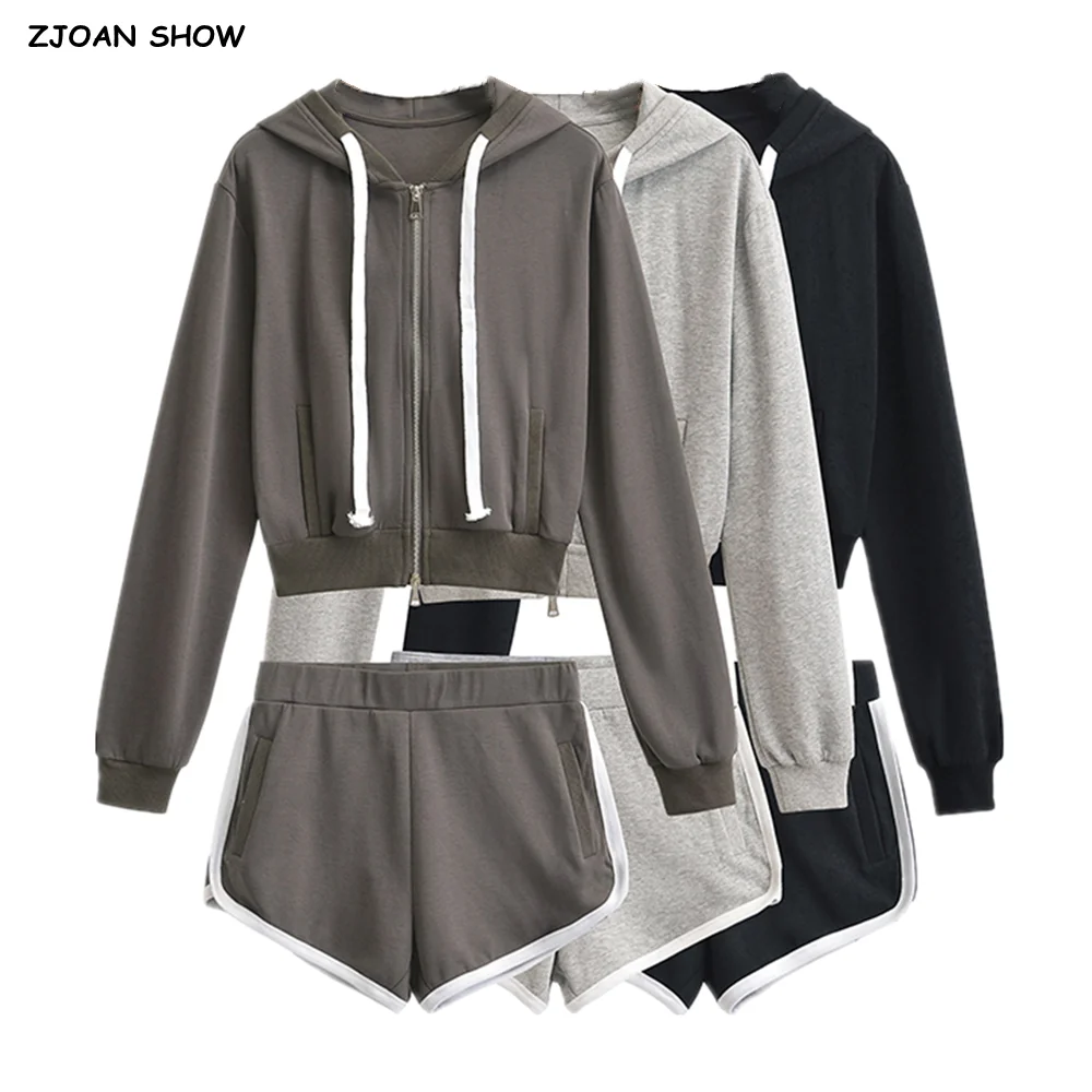 

2024 American Retro Dark Gray Hooded Sweatshirt Drawstring Sweats Elastic Waist Contrast Color Sports Shorts Women Matching Set