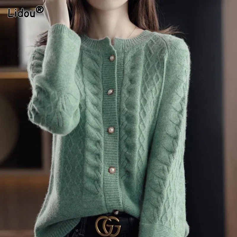 Solid Korean Pearl Buckle Thick O-Neck Women's Clothing Screw Thread Sweaters Single Breasted Knitting Autumn Winter Cardigan