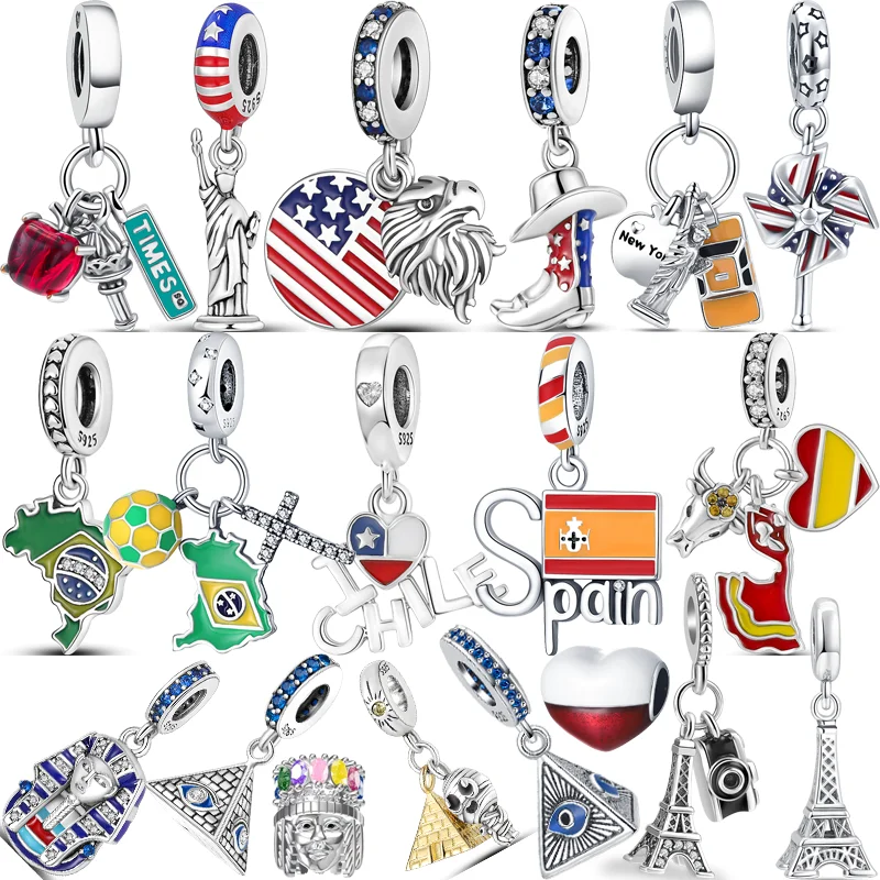 

New 925 Silver US Eagle Windmill Brazil Football Spain Chile Egypt Pyramid Beads Fit Original Pandora Charm Bracelet DIY Jewelry