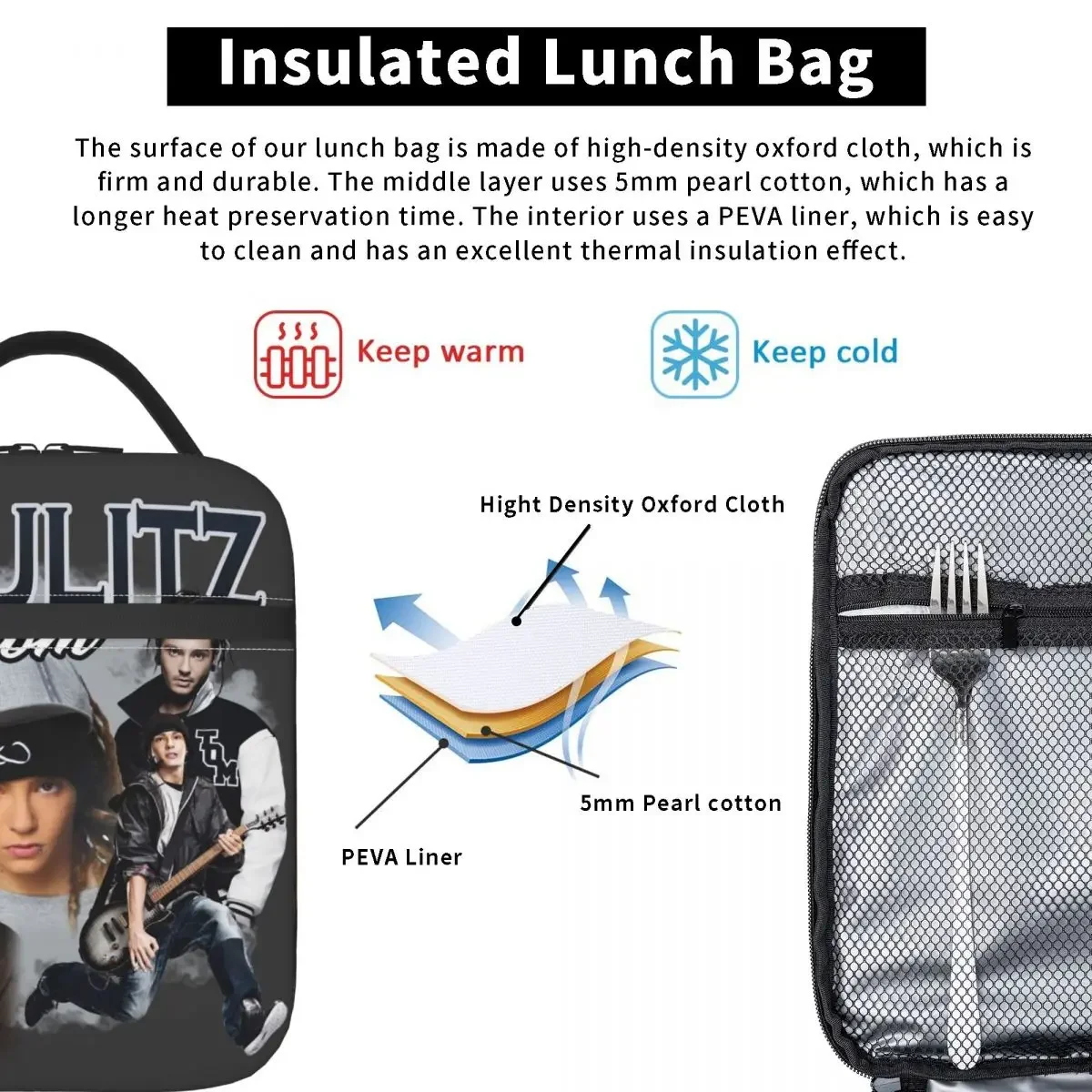 Tokio Hotel Tom Kaulitz Insulated Lunch Bags High Capacity Lunch Container Thermal Bag Tote Lunch Box School Food Handbags