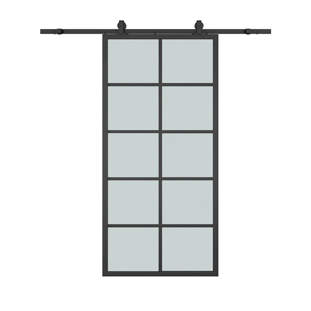 

24 in. x 84 in. 10-Lite Frosted Glass Black Aluminum Assembly Requied Interior Sliding Barn Door with Hardware Kit
