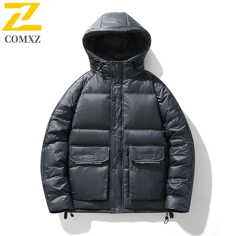 COMXZ Men's Hooded Puffer Jacket Winter  Streetwear Coat Windproof Water-Resistant American Style Thickened Warm Outerwear