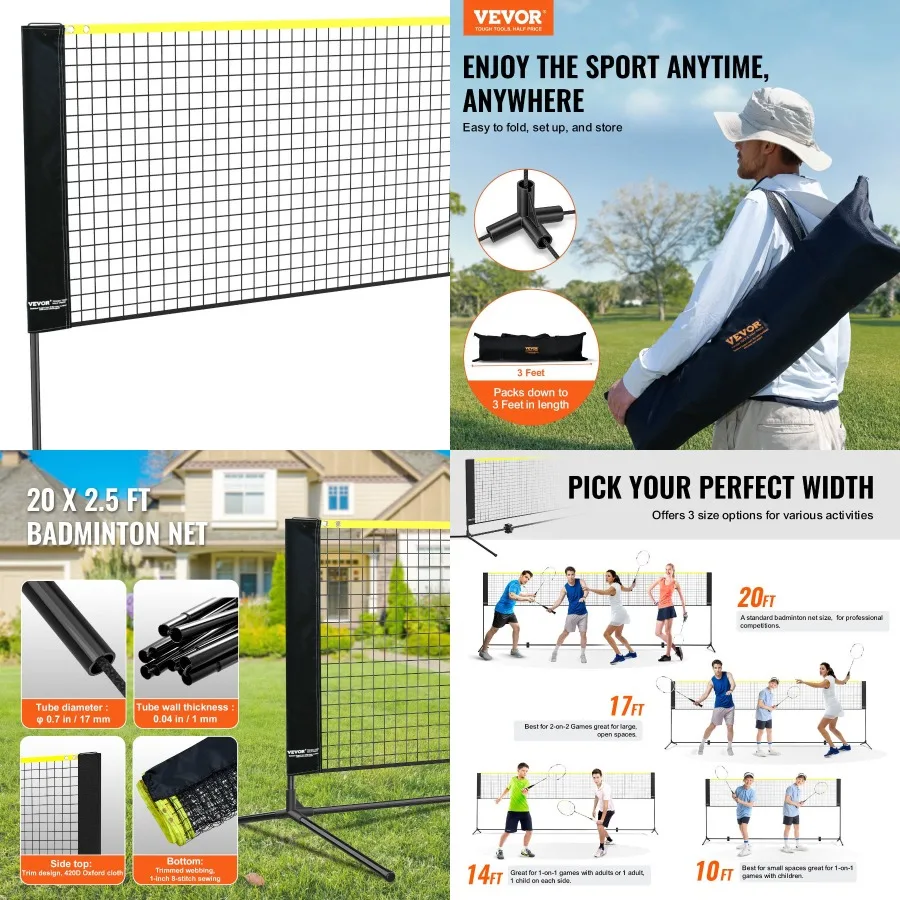 

VEVOR Badminton Net Height Adjustable Volleyball Net 20ft Wide Foldable Pickleball Net Portable Tennis Net Set with Poles Stand