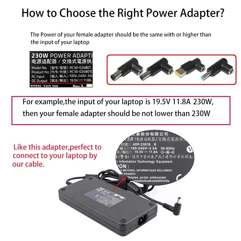 240W Laptop Power Supply Adapter Connector 5.5x2.5mm to 7.4x5.0 4.5x3.0 6.0x3.7mm DC Charger Converter for Lenovo Hp Dell Asus