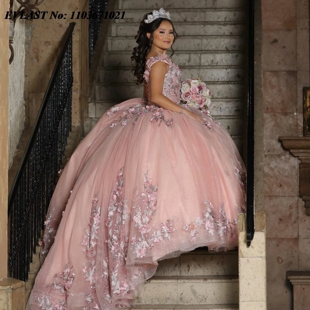 

Блестящее розовое платье EVLAST Quinnceanera, бальное платье, 3D Цветочная аппликация, бисером, Мексиканский корсет, милые 16 Vestidos De 15, SQ701