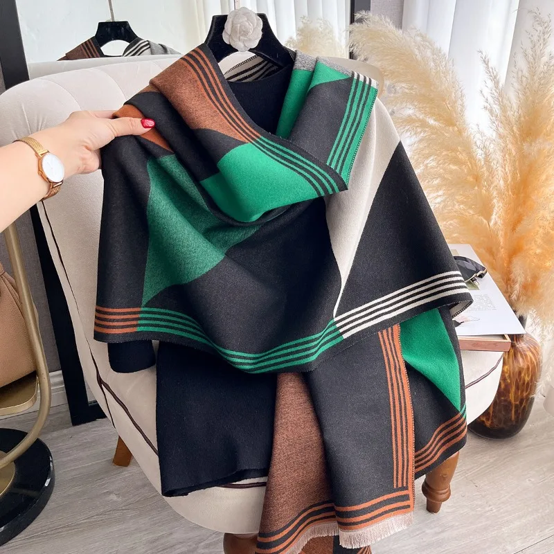 

Korean-style color-blocked fashionable acrylic scarf for women, versatile as a shawl or neck warmer, thickened for cold weather