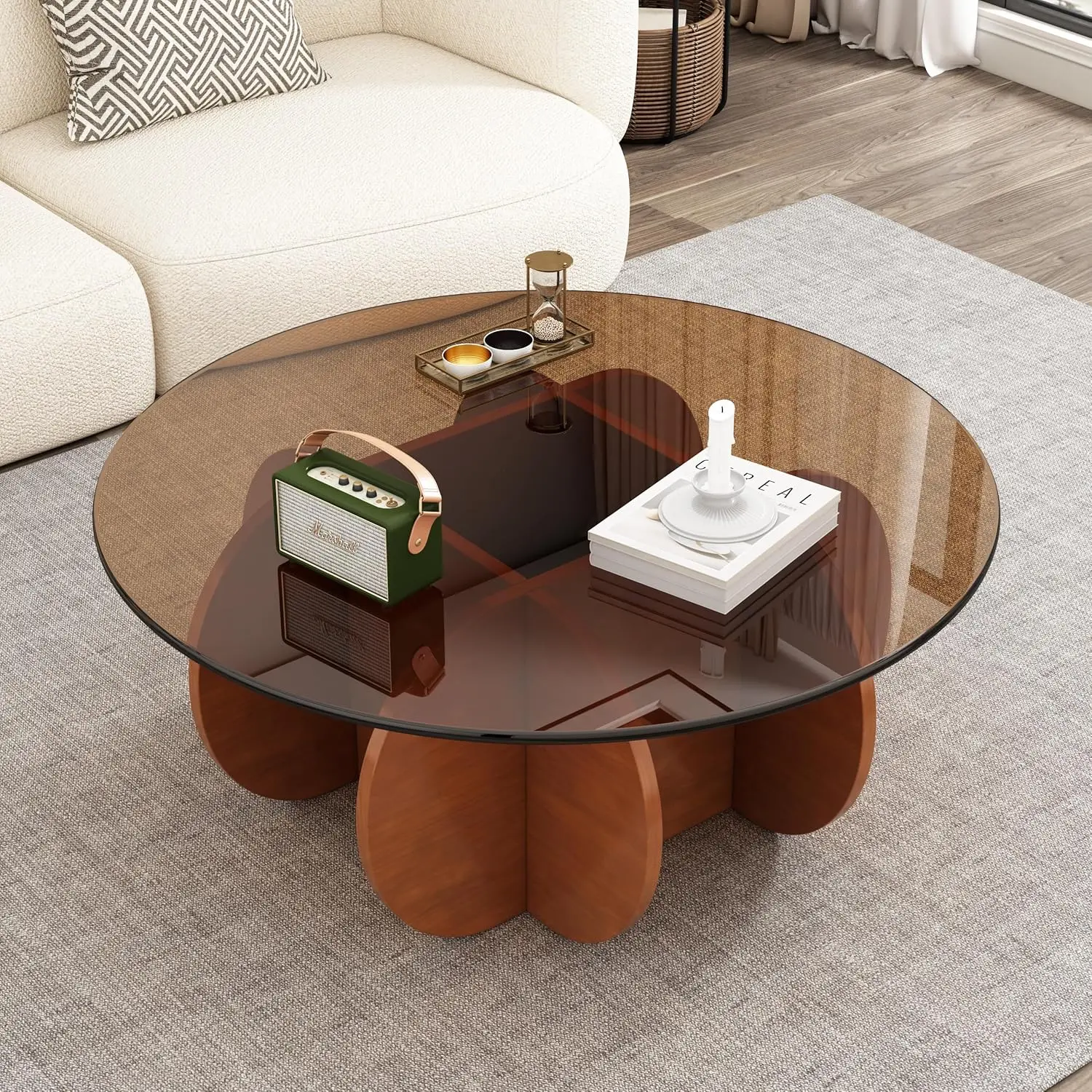 31.5" Mid-Century Modern Round Coffee Table - Tempered Glass Top with Sturdy Wood-Inspired Base,  (Brown+Browm)