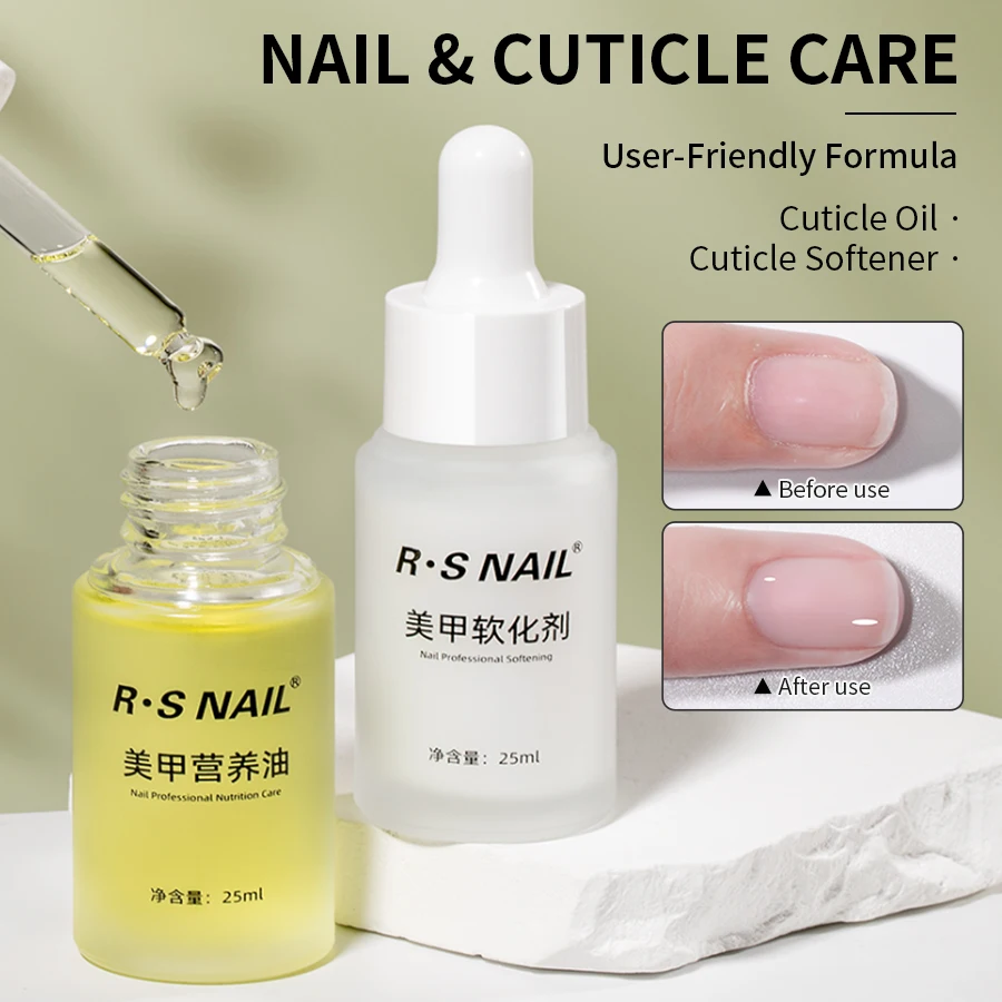 RS NAIL 25ml Rimozione cuticole e riparazione olio per cuticole Kit per la cura delle unghie Olio nutriente per cuticole per unghie Nutre e strumento per manicure danneggiato
