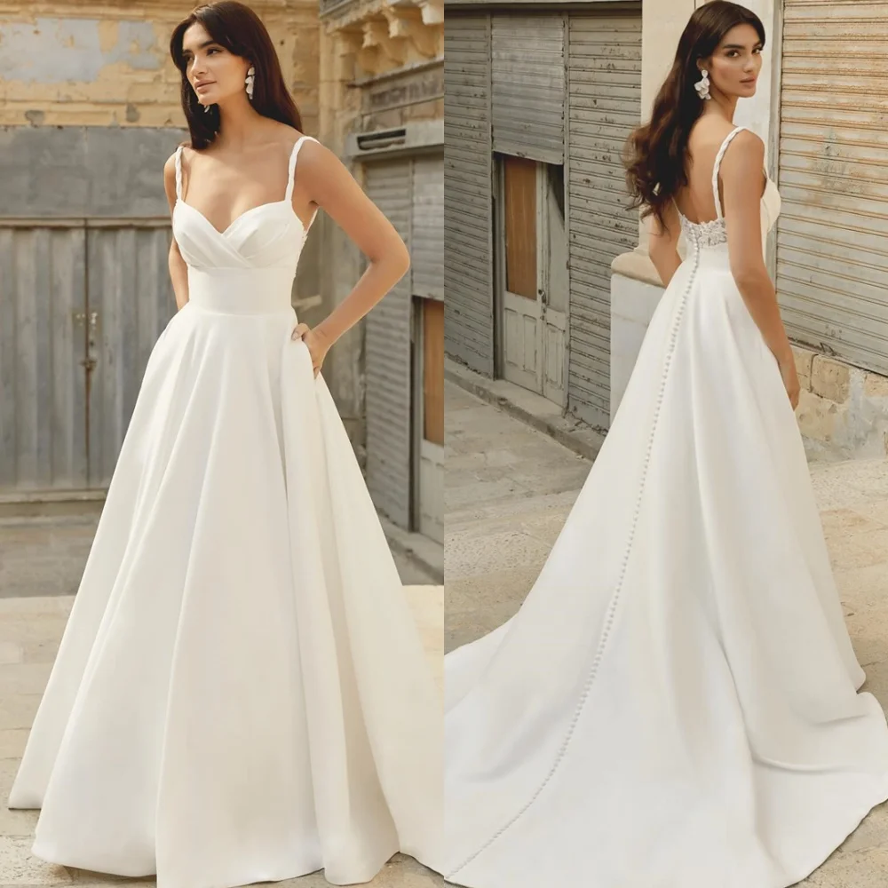 

Customized Classic Satin Wedding Dresses Dreamy Spaghetti Straps Heavy Industry Wedding Dresses Bride Gowns Backless Open Back