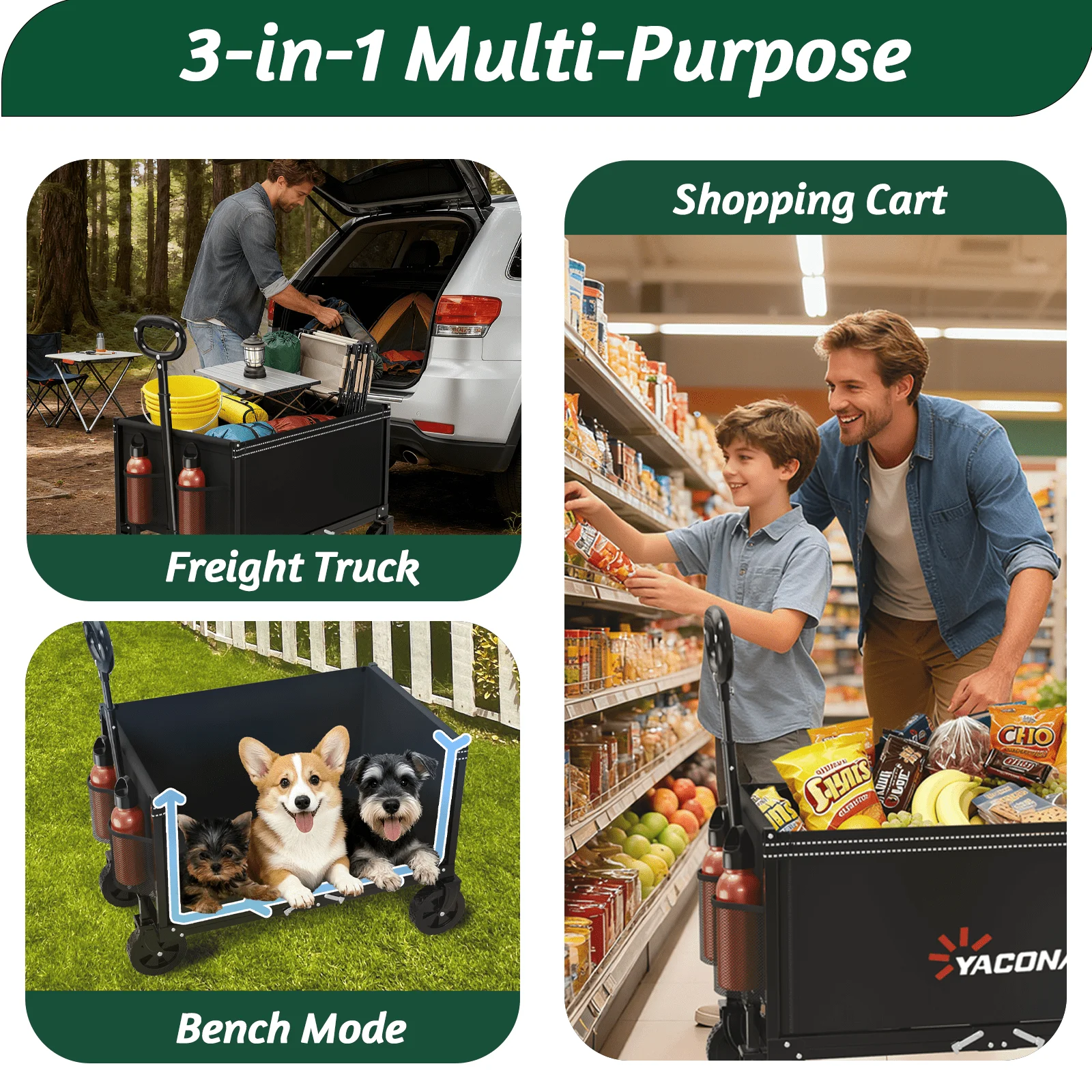 3 in 1 Collapsible Wagon Cart, 450lbs Heavy Duty Folding Utility Cart with All-Terrain Wheels, Black