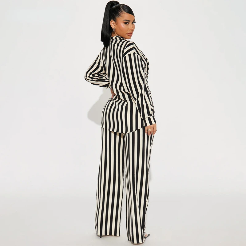 BWQ Striped Women's Set Long Sleeve Pocket Shirt and Straight Wide Leg Pants 2024 Fashion Two 2 Piece Sets Outfit Tracksuit