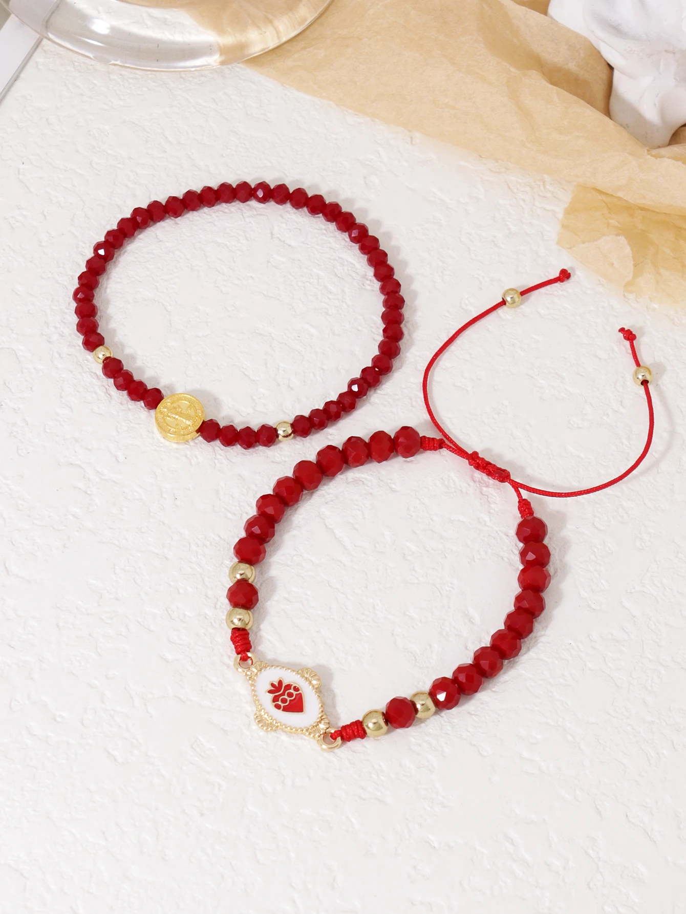 2 قطع سحر الأحمر الاصطناعي كريستال الخرز لطيف الفراولة الصليب كريستال قلادة المرأة سوار مجموعة تاريخ المجوهرات اليومية #3