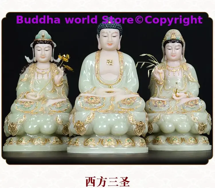 3P High grade XI FANG SAN SHENG jade gilding Buddha statue Amitabha Guan yin PU SA Mahasthamaprapta HOME shrine protection Large