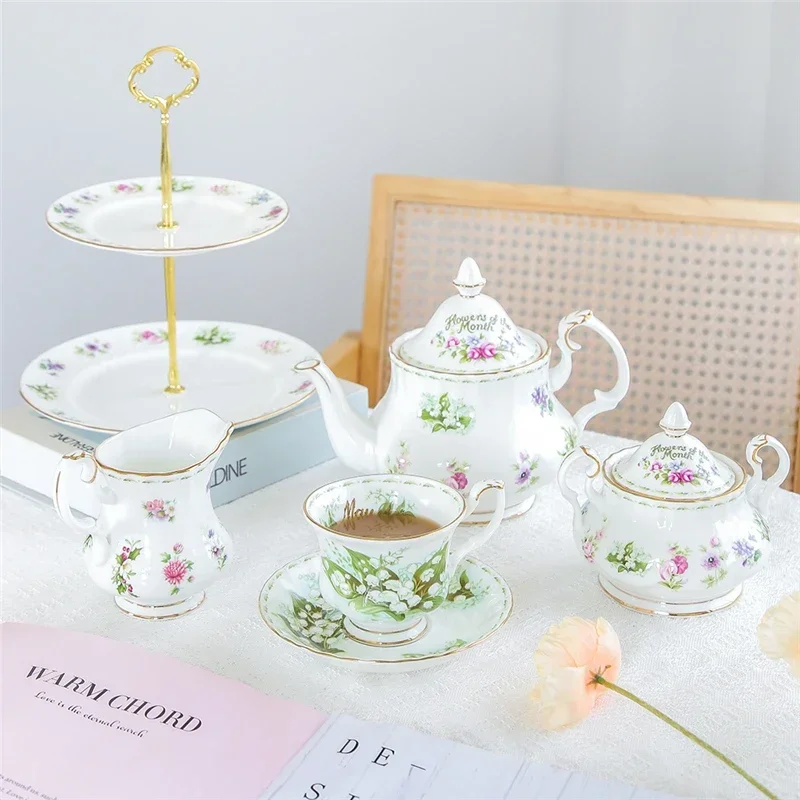 Months Flower Tea Pot European Ceramic Sugar Jar Milk Pot Elegant Afternoon Teaset Coffee Cup Saucer Double-layer Fruit Plate