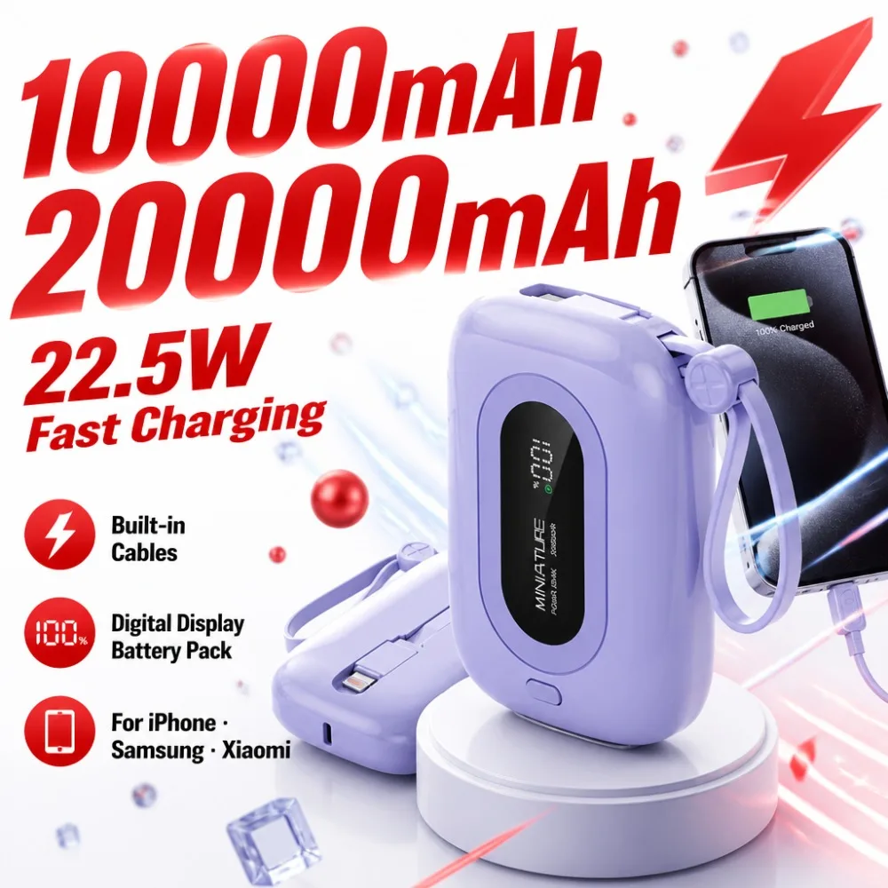 20000mAh Mini Power Bank Built-in Cables 22.5W Fast Charging Digital Display Battery for iPhone Samsung Xiaomi Travel Essentials