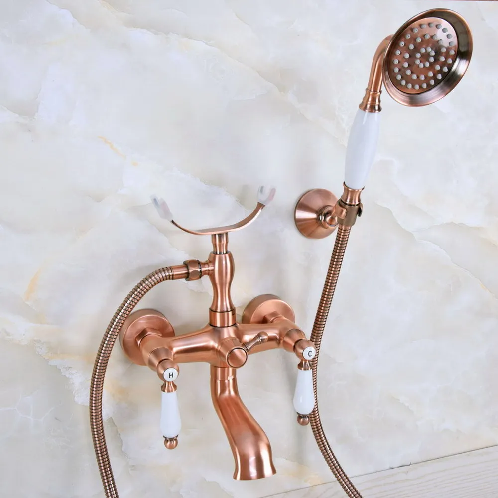 

Antique Red Copper Bathroom Bathtub Faucet Mixer Tap Wall Mounted Hand Held Shower Head Kit Shower Faucet Sets