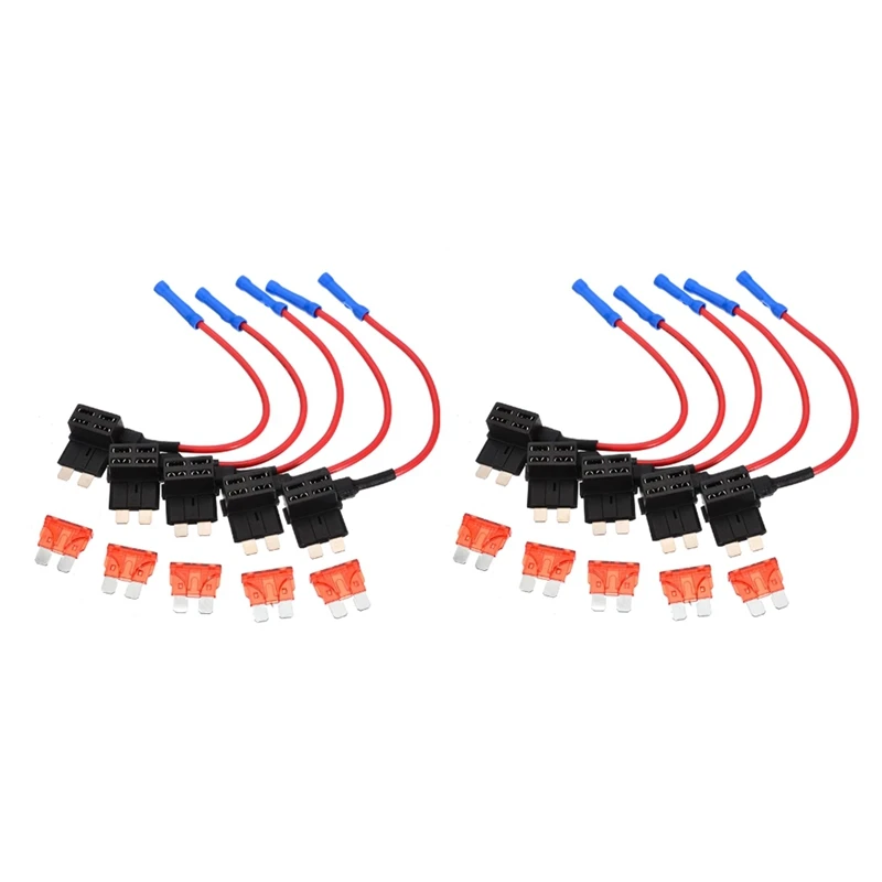 Hot 10Pcs Car Fuse 12/24V Add A Circuit Standard Blade Fuse Tap Holder With 10 ATO ATC Blade Fuses Set Car Accessories