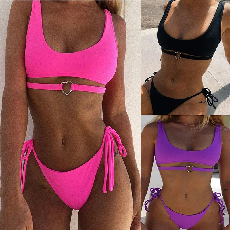 Heart ring neon pink push up bikini set high waist G string swimsuit strap bandage swimwear female bathing suit halter top 2022