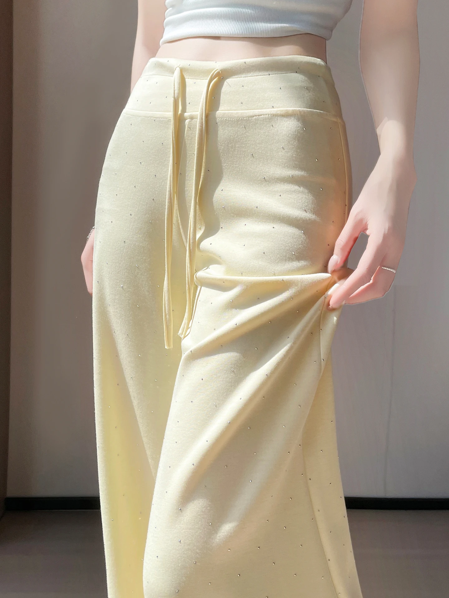 

Женские летние тонкие брюки из ледяного шелка и воздушного хлопка с широкими штанинами, стразами, высокой талией, драпировкой, свободного кроя, прямые, повседневные