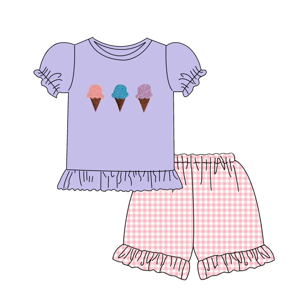 Wholesale Sweet Girl Ice-Cream Outfit Gingham Top Purple baby Romper Ruffle Shorts SetsToddler Summer Cute Casual Clothes