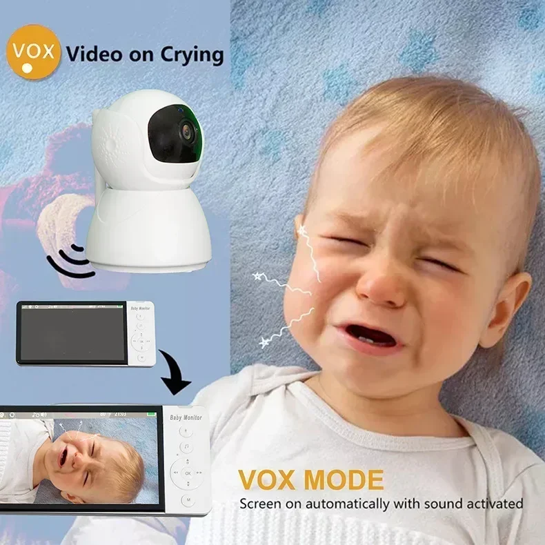 ABM700 Video Baby Monitor with 5.0-Inch IPS Screen 2X Zoom Night Vision VOX Function Built-in 8 Lullabies Support SD card
