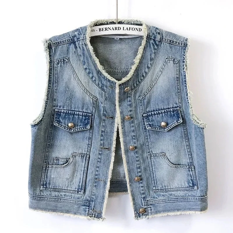 Vintage Denim Vest 2024 New Sleeveless Round Neck Rough Selvedge Short Jacket Casual Cowboy Waistcoat Female