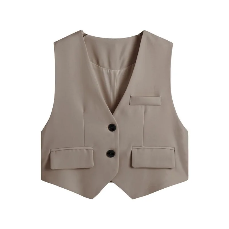 Khaki Waistcoats Women Minimalist Pure All-match Retro Basic Autumn Fashion Korean Style Office Casual New Classic V-neck Ladies