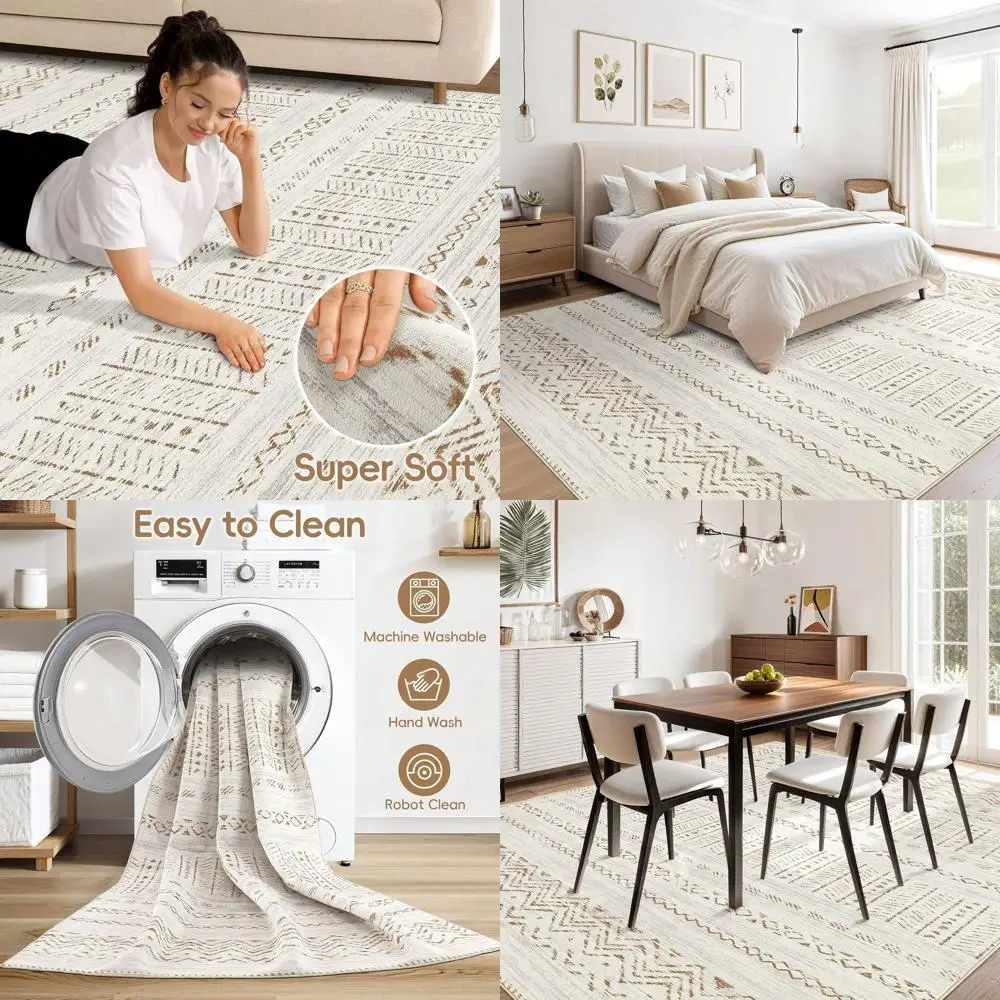 

Washable Neutral-Toned Area Rugs for Living Spaces, Soft, Non-Slip, Stain-Resistant, Suitable for Home, Bedroom, Dining, Kids, a