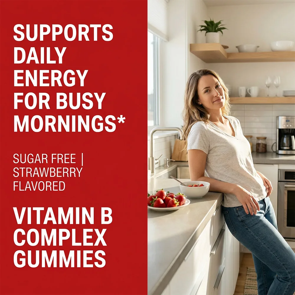 Vitamin B Complex Gummies, Vitamin B12, B7 (Biotin), B6, B3 (Niacin), B6, B9 (Folate) - Hair Skin Nails, Energy, Strawberry view 3