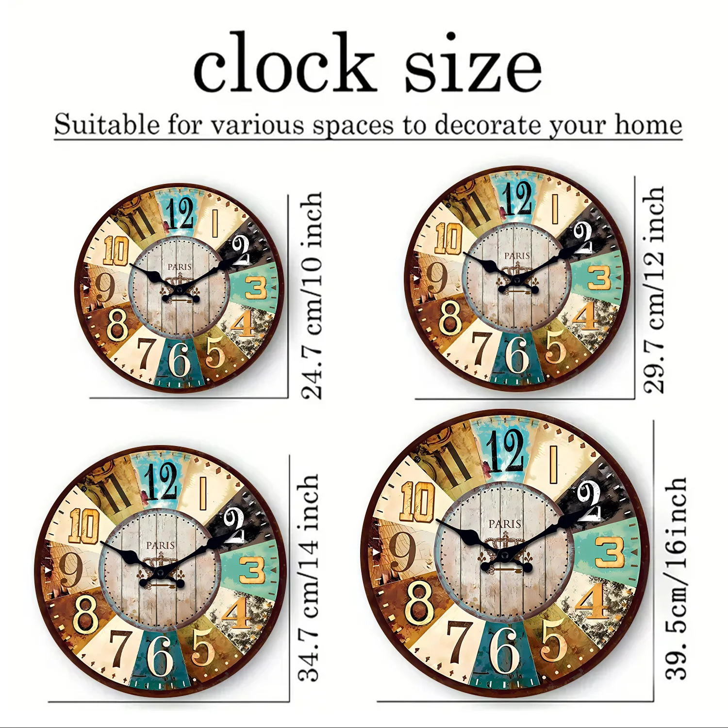 Vintage Mediterranean Wooden Wall Clock Living Room Bedroom Kitchen Home Decor Silent Quartz Clock Holiday Gift 10-Inch 12-Inch 14inch 16inch (No