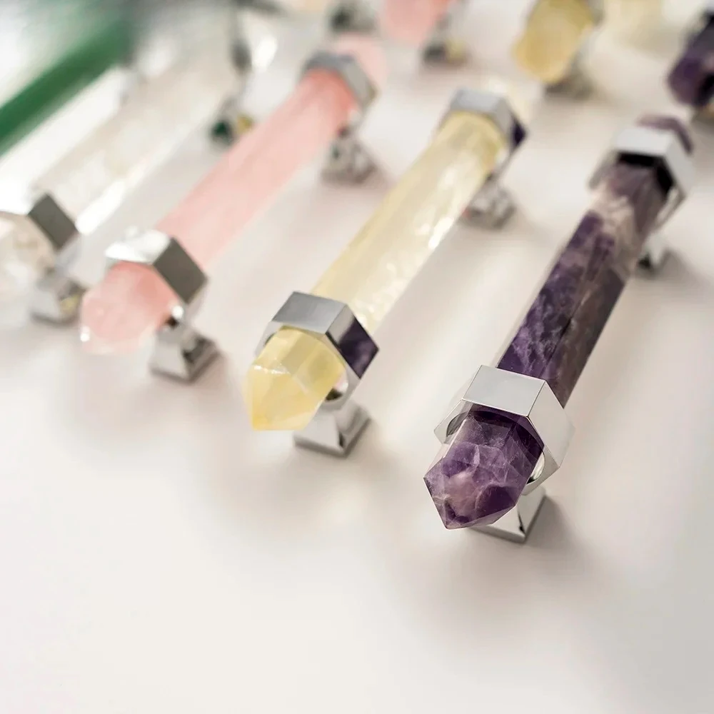 مقبض كابينة من الكريستال الطبيعي، مقابض خزانة الملابس، درج يسحب أجهزة أثاث كروم لامعة أنيقة