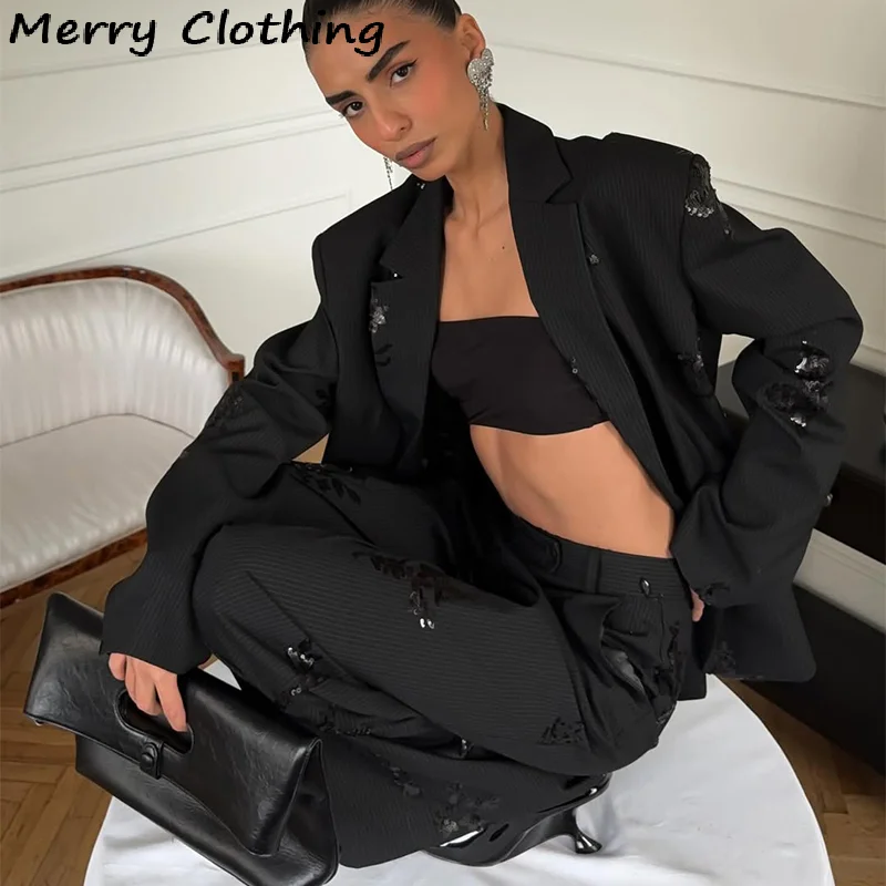Black Sequin Embroidery Blazer 2-Piece Sets Women Chic Full Sleeve Lapel V-neck Loose Coats Wide Leg Pants Set Lady Spring Suits